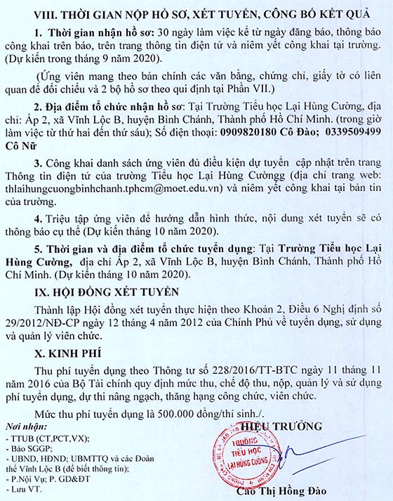 Trường Tiểu học Lại Hùng Cường, Bình Chánh, TP.HCM tuyển dụng giáo viên năm học 2020–2021