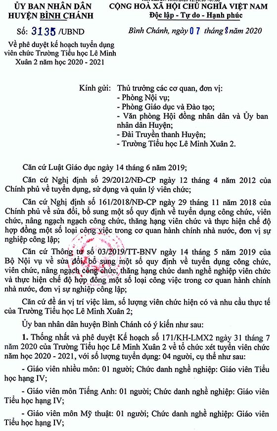 Trường Tiểu học Lê Minh Xuân 2, Bình Chánh, TP. HCM tuyển dụng viên chức năm học 2020-2021