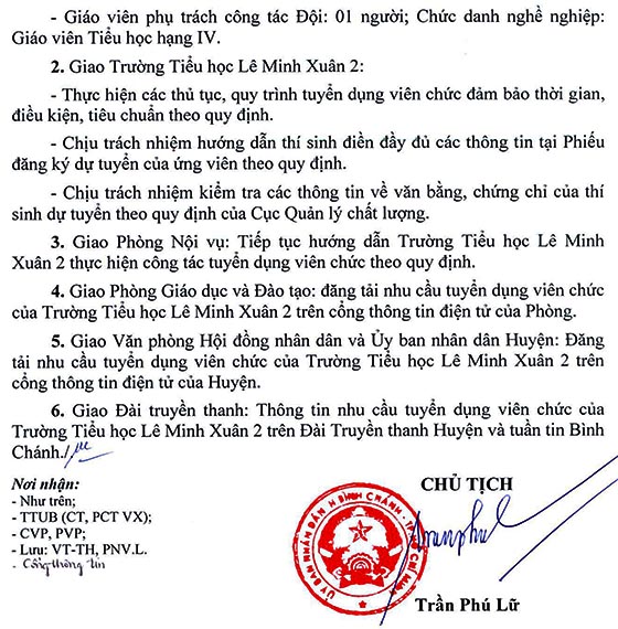 Trường Tiểu học Lê Minh Xuân 2, Bình Chánh, TP. HCM tuyển dụng viên chức năm học 2020-2021