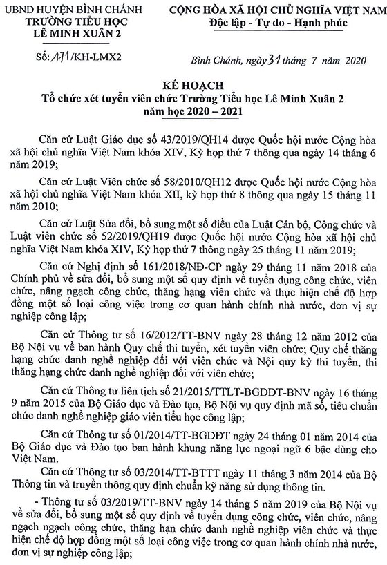 Trường Tiểu học Lê Minh Xuân 2, Bình Chánh, TP. HCM tuyển dụng viên chức năm học 2020-2021
