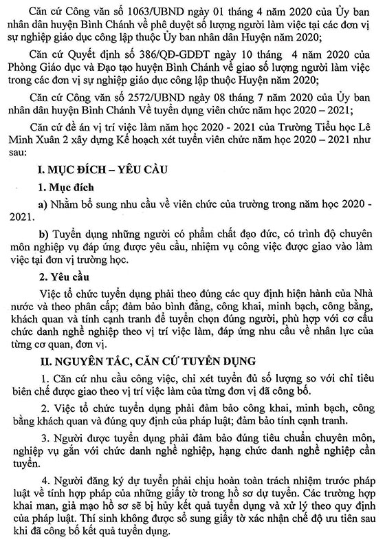 Trường Tiểu học Lê Minh Xuân 2, Bình Chánh, TP. HCM tuyển dụng viên chức năm học 2020-2021
