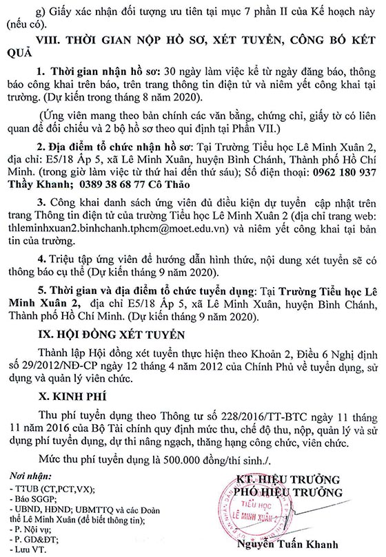 Trường Tiểu học Lê Minh Xuân 2, Bình Chánh, TP. HCM tuyển dụng viên chức năm học 2020-2021