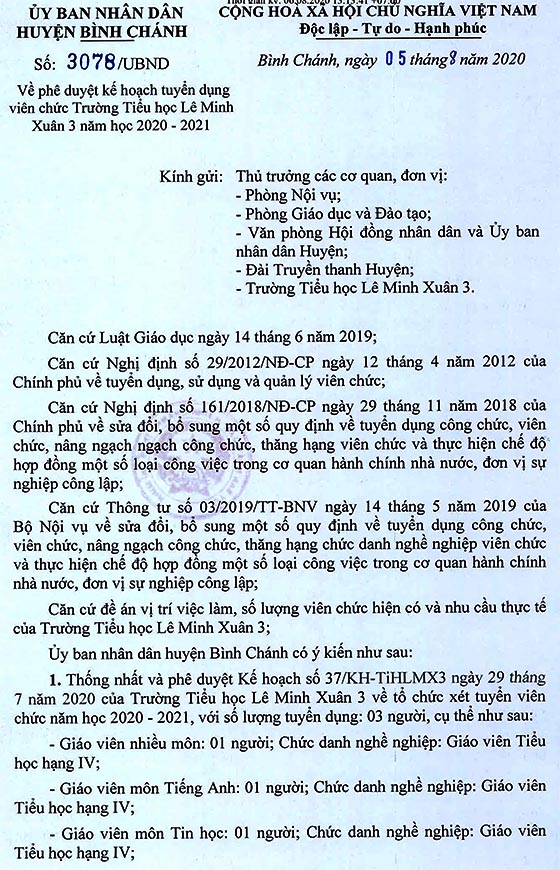 Trường Tiểu học Lê Minh Xuân 3, Bình Chánh, TP. HCM tuyển dụng viên chức năm học 2020 - 2021