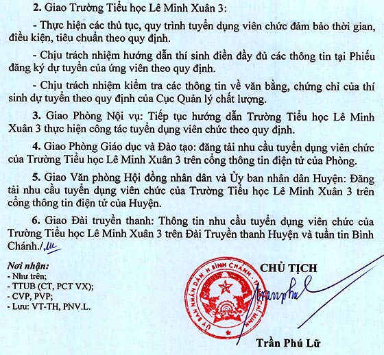 Trường Tiểu học Lê Minh Xuân 3, Bình Chánh, TP. HCM tuyển dụng viên chức năm học 2020 - 2021