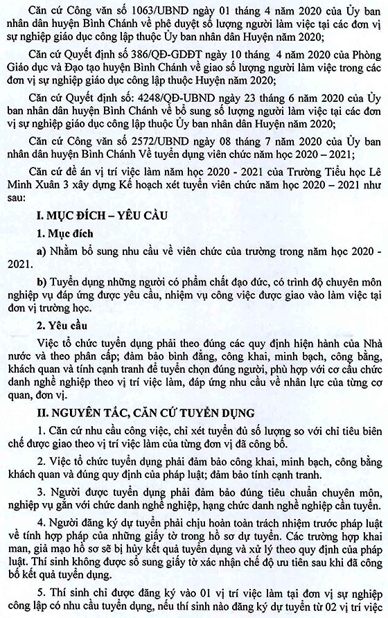 Trường Tiểu học Lê Minh Xuân 3, Bình Chánh, TP. HCM tuyển dụng viên chức năm học 2020 - 2021