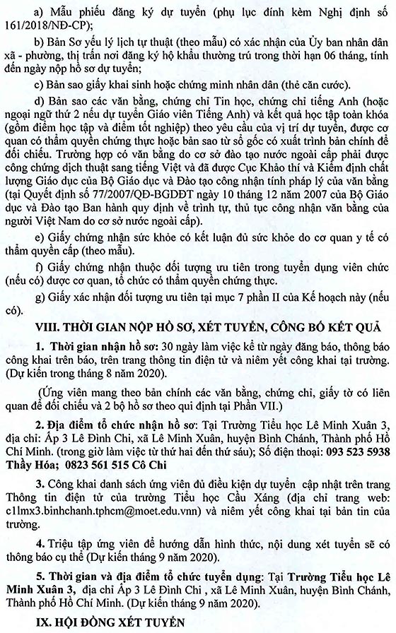 Trường Tiểu học Lê Minh Xuân 3, Bình Chánh, TP. HCM tuyển dụng viên chức năm học 2020 - 2021