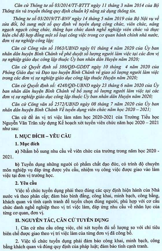 Trường Tiểu học Nguyễn Văn Trân, Bình Chánh, TP. HCM tuyển dụng viên chức năm học 2020-2021