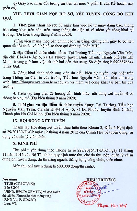 Trường Tiểu học Nguyễn Văn Trân, Bình Chánh, TP. HCM tuyển dụng viên chức năm học 2020-2021