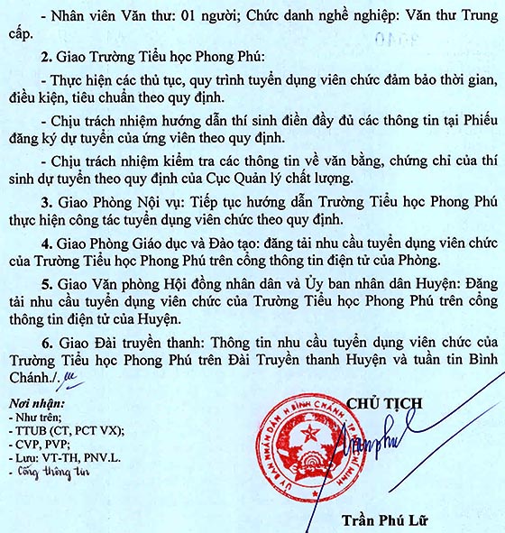 Trường Tiểu học Phong Phú, Bình Chánh, TP.HCM tuyển dụng viên chức năm học 2020 – 2021