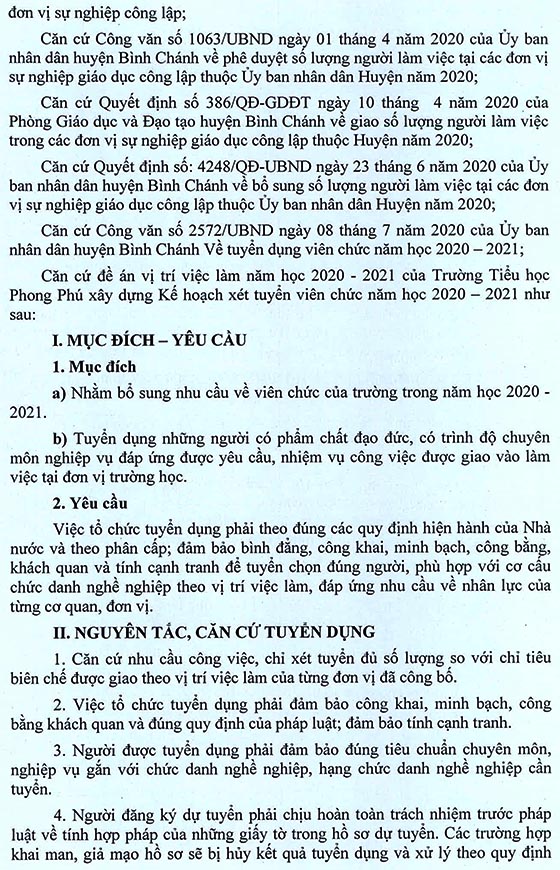Trường Tiểu học Phong Phú, Bình Chánh, TP.HCM tuyển dụng viên chức năm học 2020 – 2021