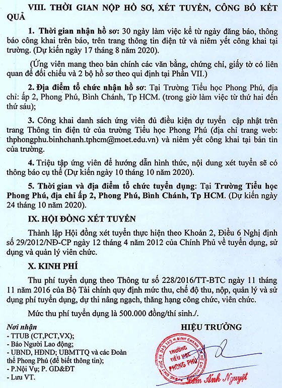 Trường Tiểu học Phong Phú, Bình Chánh, TP.HCM tuyển dụng viên chức năm học 2020 – 2021