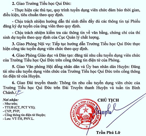 Trường Tiểu học Qui Đức, Bình Chánh, TP. HCM tuyển dụng viên chức năm học 2020-2021
