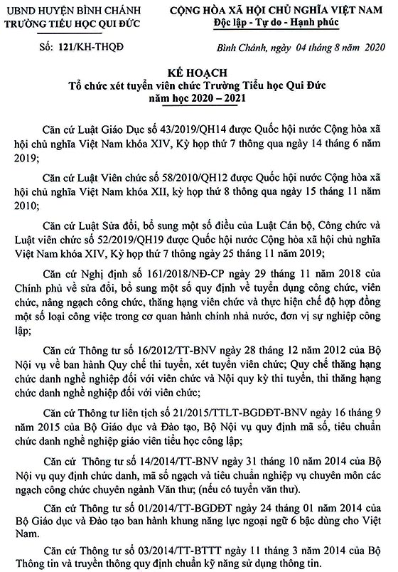Trường Tiểu học Qui Đức, Bình Chánh, TP. HCM tuyển dụng viên chức năm học 2020-2021