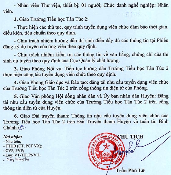 Trường Tiểu học Tân Túc 2, Bình Chánh, TP.HCM tuyển dụng viên chức năm học 2020 - 2021