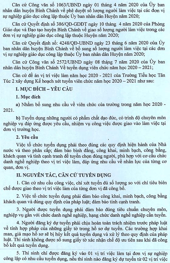 Trường Tiểu học Tân Túc 2, Bình Chánh, TP.HCM tuyển dụng viên chức năm học 2020 - 2021