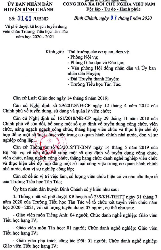 Trường tiểu học Tân Túc, Bình Chánh, TP.HCM tuyển dụng viên chức năm học 2020-2021
