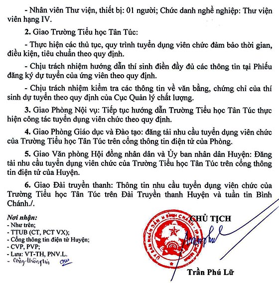 Trường tiểu học Tân Túc, Bình Chánh, TP.HCM tuyển dụng viên chức năm học 2020-2021
