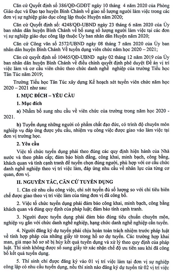 Trường tiểu học Tân Túc, Bình Chánh, TP.HCM tuyển dụng viên chức năm học 2020-2021
