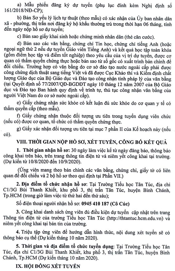 Trường tiểu học Tân Túc, Bình Chánh, TP.HCM tuyển dụng viên chức năm học 2020-2021