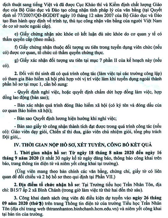 Trường Tiểu học Trần Nhân Tôn, Bình Chánh, TP. HCM tuyển dụng viên chức năm học 2020-2021