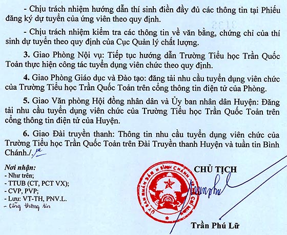 Trường Tiểu học Trần Quốc Toản, Bình Chánh, TP.HCM tuyển viên chức năm học 2020-2021