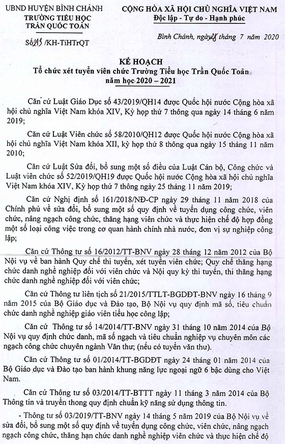 Trường Tiểu học Trần Quốc Toản, Bình Chánh, TP.HCM tuyển viên chức năm học 2020-2021