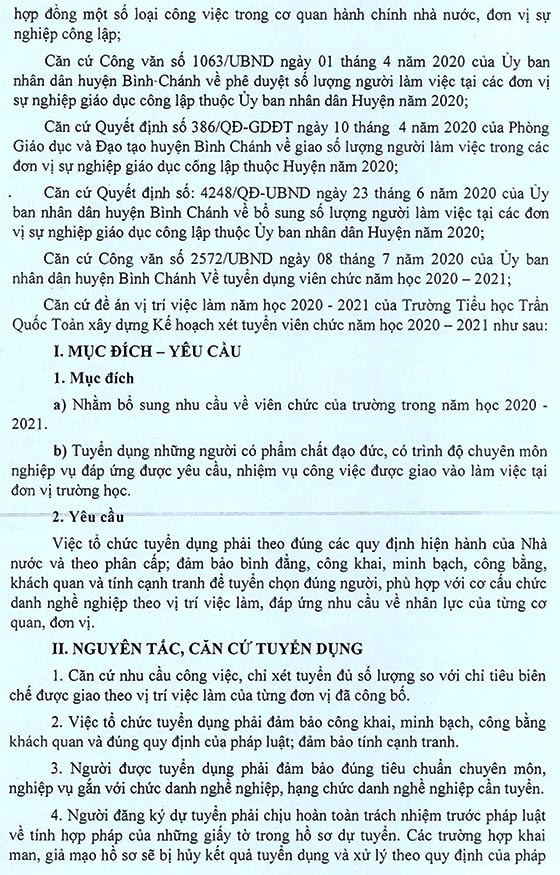 Trường Tiểu học Trần Quốc Toản, Bình Chánh, TP.HCM tuyển viên chức năm học 2020-2021