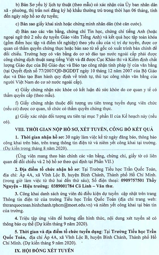 Trường Tiểu học Trần Quốc Toản, Bình Chánh, TP.HCM tuyển viên chức năm học 2020-2021