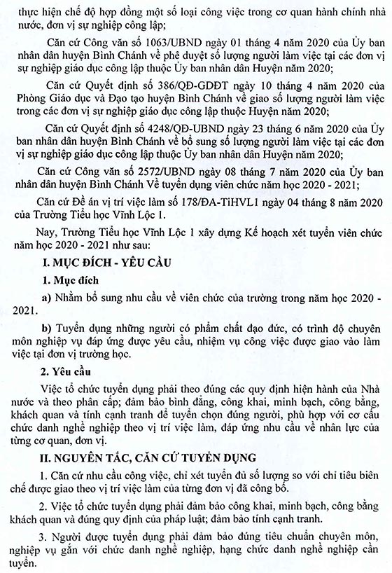 Trường Tiểu học Vĩnh Lộc 1, Bình Chánh, TP. HCM tuyển dụng viên chức năm học 2020-2021