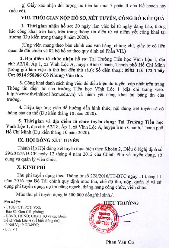 Trường Tiểu học Vĩnh Lộc 1, Bình Chánh, TP. HCM tuyển dụng viên chức năm học 2020-2021