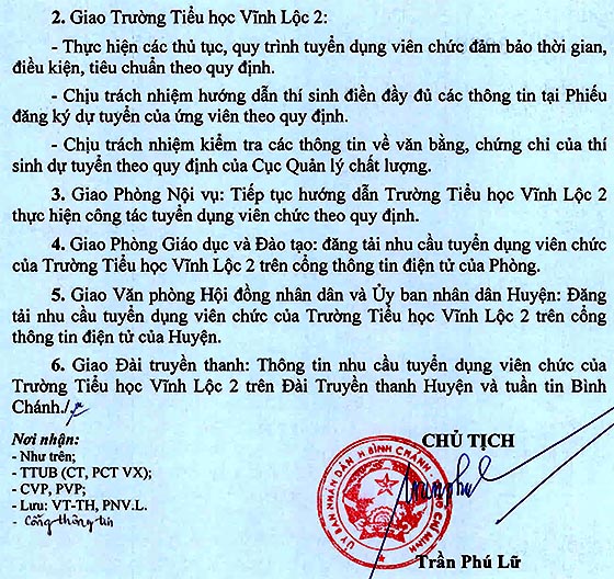 Trường Tiểu học Vĩnh Lộc 2, Bình Chánh, TP.HCM tuyển dụng viên chức năm học 2020-2021