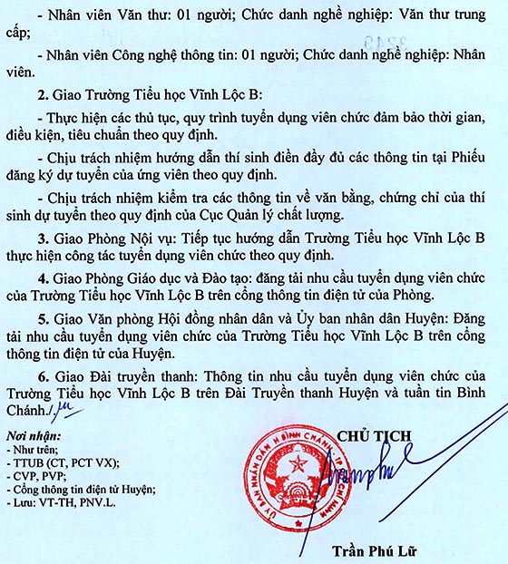 Trường Tiểu học Vĩnh Lộc B, Bình Chánh, TP. HCM tuyển dụng viên chức năm học 2020-2021