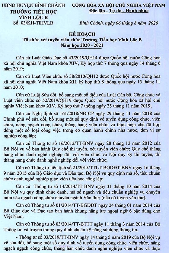 Trường Tiểu học Vĩnh Lộc B, Bình Chánh, TP. HCM tuyển dụng viên chức năm học 2020-2021