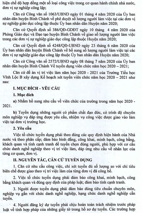 Trường Tiểu học Vĩnh Lộc B, Bình Chánh, TP. HCM tuyển dụng viên chức năm học 2020-2021