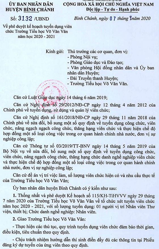 Trường Tiểu học Võ Văn Vân, Bình Chánh, TP. HCM tuyển viên chức năm học 2020-2021