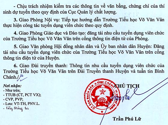 Trường Tiểu học Võ Văn Vân, Bình Chánh, TP. HCM tuyển viên chức năm học 2020-2021