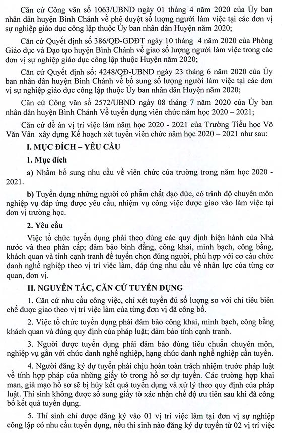 Trường Tiểu học Võ Văn Vân, Bình Chánh, TP. HCM tuyển viên chức năm học 2020-2021