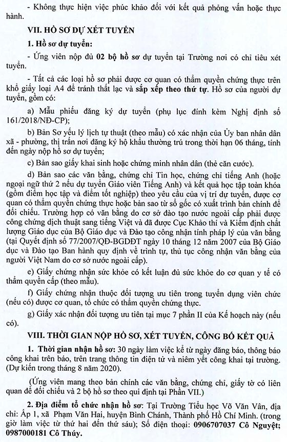 Trường Tiểu học Võ Văn Vân, Bình Chánh, TP. HCM tuyển viên chức năm học 2020-2021