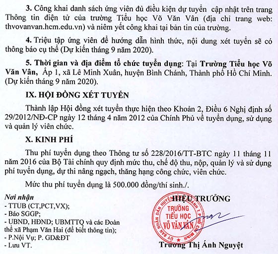 Trường Tiểu học Võ Văn Vân, Bình Chánh, TP. HCM tuyển viên chức năm học 2020-2021