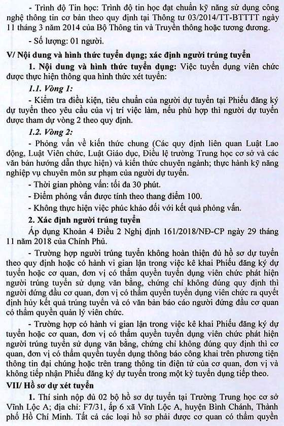 Trường Trung học cơ sở Vĩnh Lộc A, quận Bình Chánh, TP.HCM tuyển dụng viên chức năm học 2020 - 2021