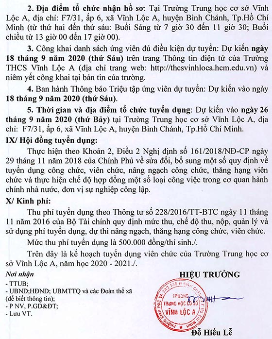 Trường Trung học cơ sở Vĩnh Lộc A, quận Bình Chánh, TP.HCM tuyển dụng viên chức năm học 2020 - 2021