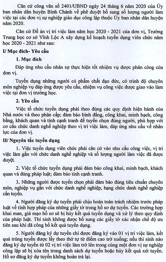 Trường Trung học cơ sở Vĩnh Lộc A, quận Bình Chánh, TP.HCM tuyển dụng viên chức năm học 2020 - 2021