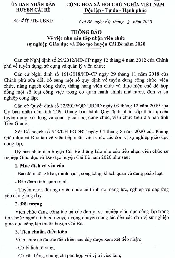 UBND huyện Cái Bè, Tiền Giang tiếp nhận viên chức giáo dục năm 2020