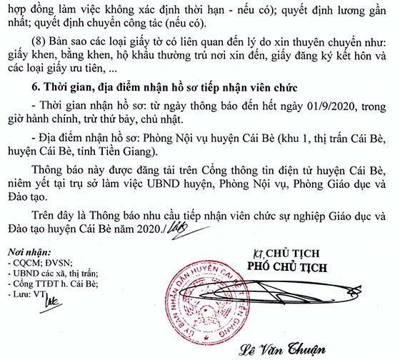 UBND huyện Cái Bè, Tiền Giang tiếp nhận viên chức giáo dục năm 2020