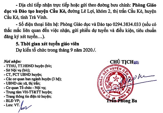 UBND huyện Cầu Kè, Trà Vinh tuyển dụng giáo viên năm 2020