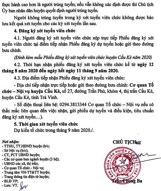 UBND huyện Cầu Kè, Trà Vinh tuyển dụng viên chức năm 2020