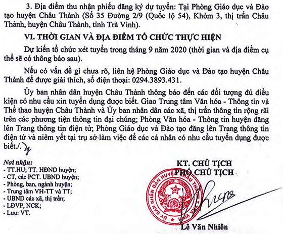 UBND huyện Châu Thành, Trà Vinh tuyển dụng giáo viên năm 2020