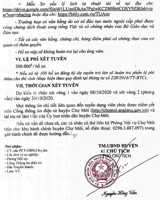 UBND huyện Chợ Mới, An Giang tuyển dụng viên chức năm 2020