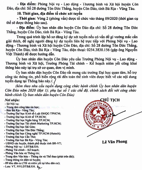 UBND huyện Côn Đảo, Bà Rịa - Vũng Tàu tuyển dụng công chức năm 2020 (Đợt 1)
