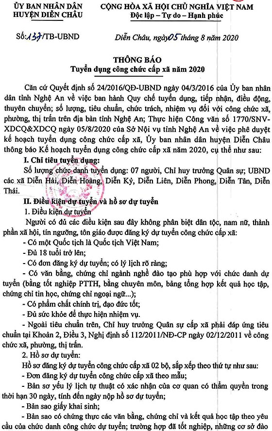UBND huyện Diễn Châu, Nghệ An tuyển dụng công chức cấp xã năm 2020